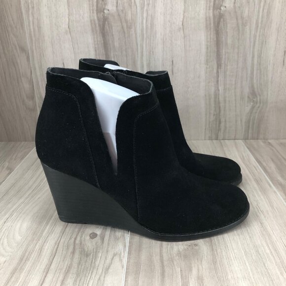 Lucky Brand Wedge Ankle Boots Womens 8.5M Yabba Black Suede Zip Booties - Picture 1 of 11